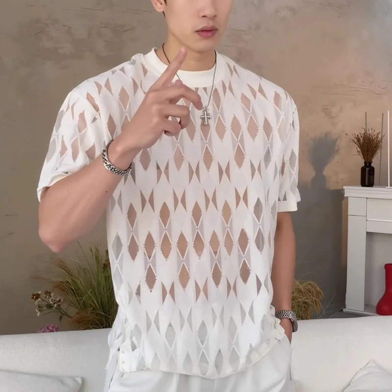 Summer Men's Short Sleeved T-shirt with Hollowed Out Design, Versatile and Fashionable Top for Wearing as a Base Layer