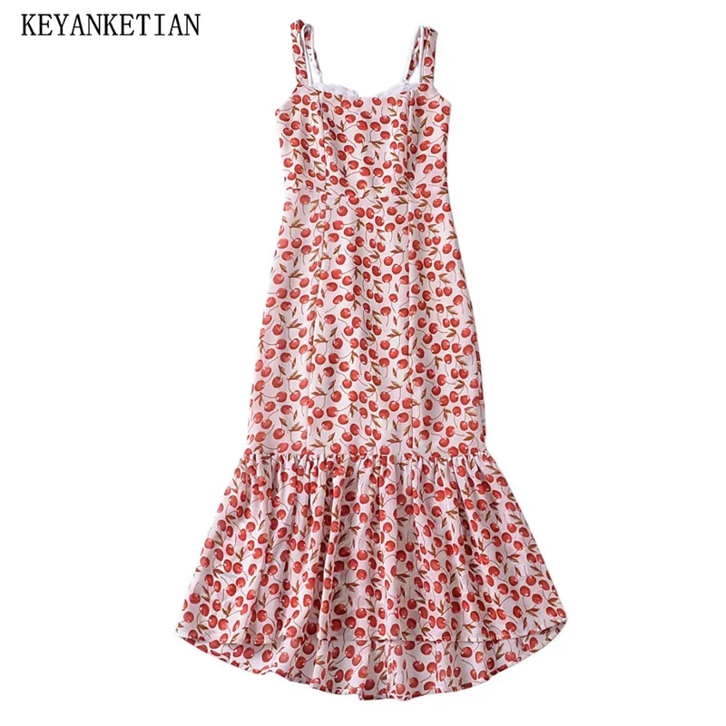 

KEYANKETIAN 2024 New Launch Sweet Fruit Print Slim Slip Dress Mermaid Dress Women's Lace Slash neck Tiered Ruffles MIDI Dress