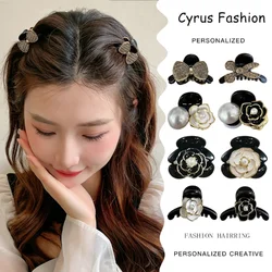 Korean Exquisite Small Pearl Rhinestone Camellia Hairpin Girls High Sense Floral Bangs Clip Hair Accessories for Women Headdress