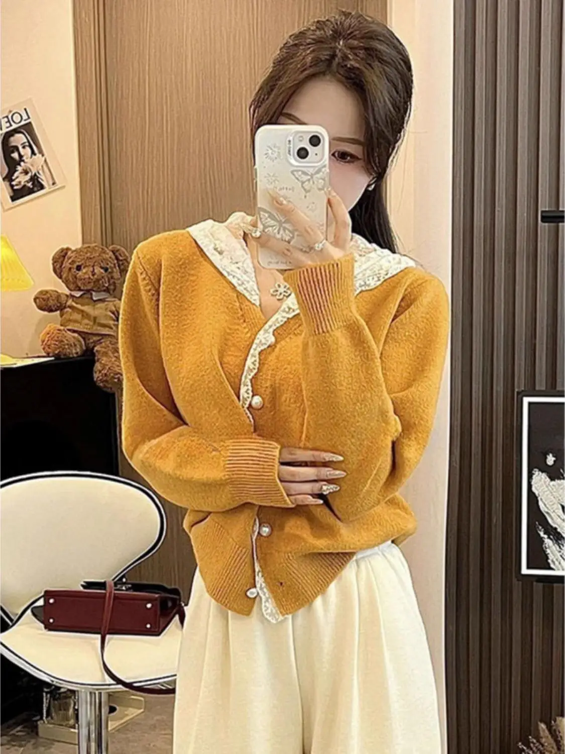 여성용 레이스 스플라이스 긴 소매 니트 스웨터 가을 겨울 신상 루즈 슬림핏 가디건 탑 다용도 캐주얼웨어