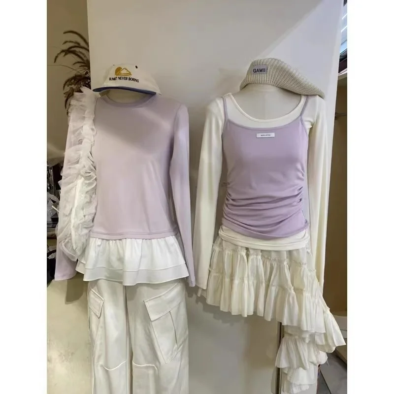 Korean Style Sweet Color Block Long Sleeve Women's Base Layer Vest T-Shirt Set Sun Protection Top Commute Fashion Slim Fit