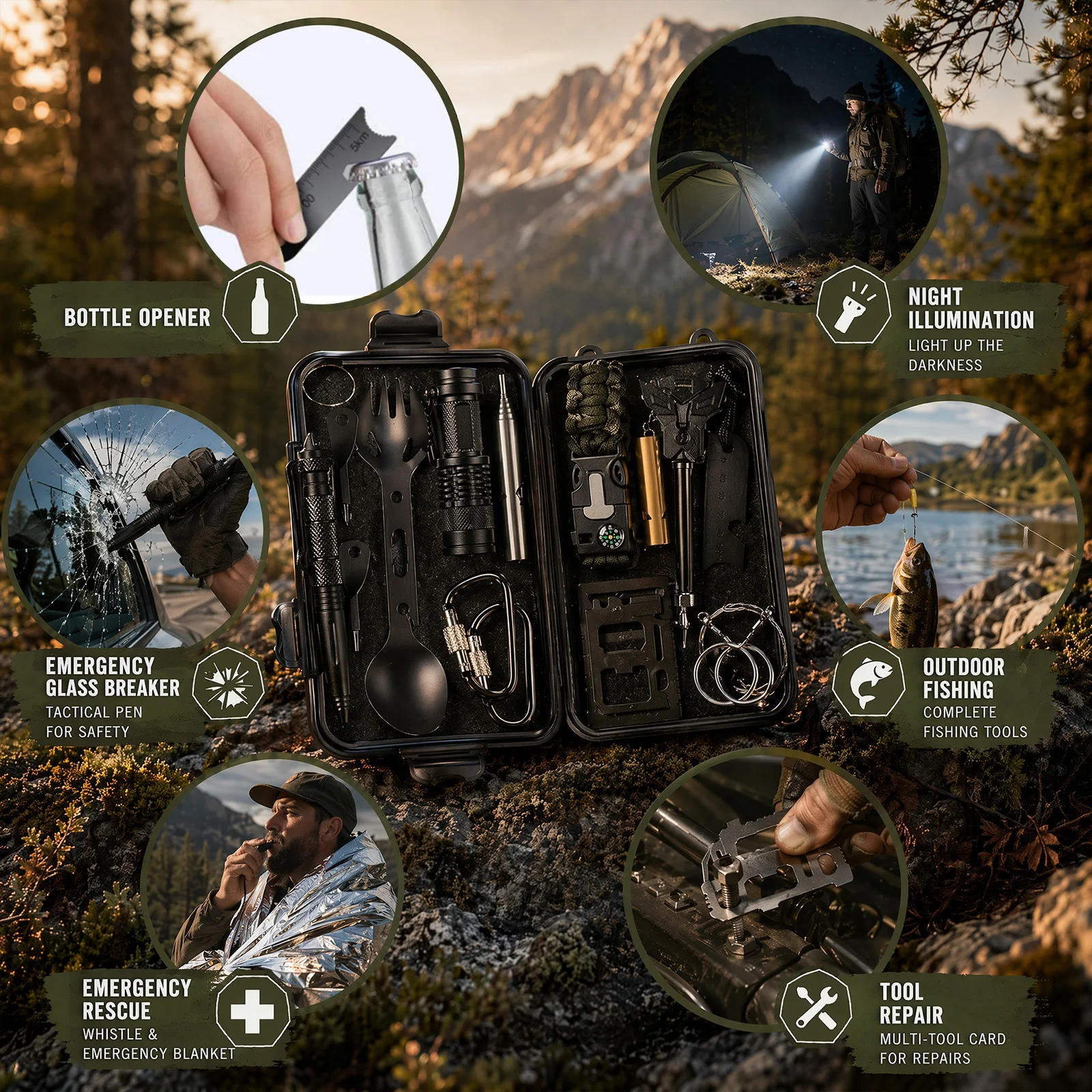 Professional Emergency Survival Gear Kit Waterproof Multifunction Emergency Tool Box for Camping Hiking Car Emergency