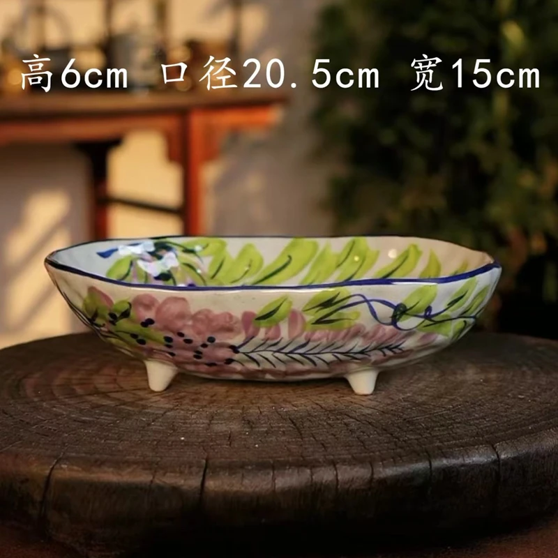 Wood-fired Quality High Temperature Underglaze Color Master Interior and Exterior Hand-painted Wisteria Fruit Tray/Bath Plate