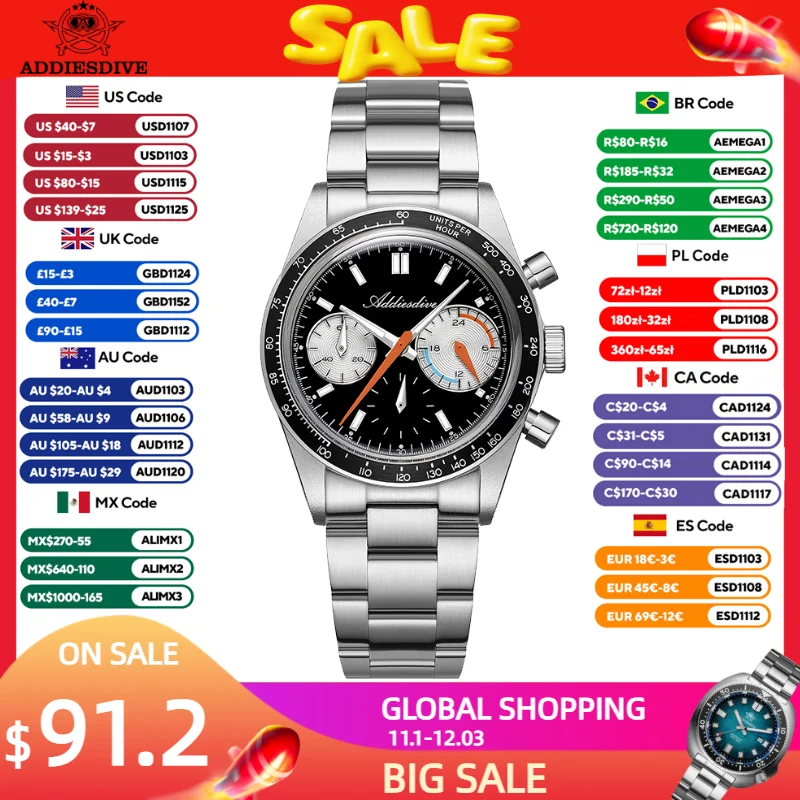 ADDIESDIVE New Quartz Wristwatch Luxury VK63 Chronograph Men Watches BGW9 Luminous Diving 100m Waterproof 316L Stainless Steel
