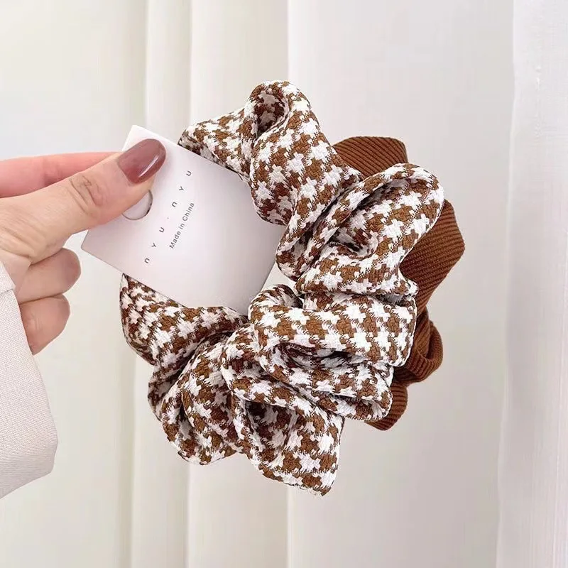 Korean Brown Color Scrunchies Lazy Style Houndstooth Simple Casual Large Hair Tie Rope Student Girls Solid Elastic Hair Bands