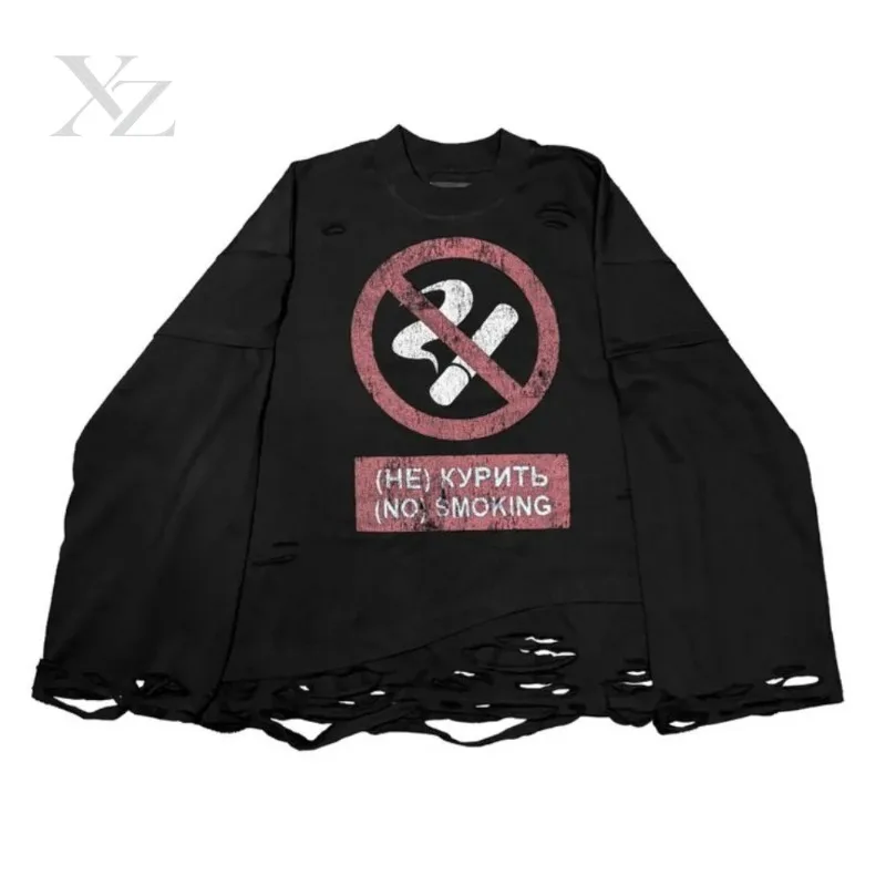 Opening Sale |No Smoking Graphic Long Sleeve T-Shirt Men Distressed Grunge Style Oversized Top Vintage Anti-Smoking Sign Print S