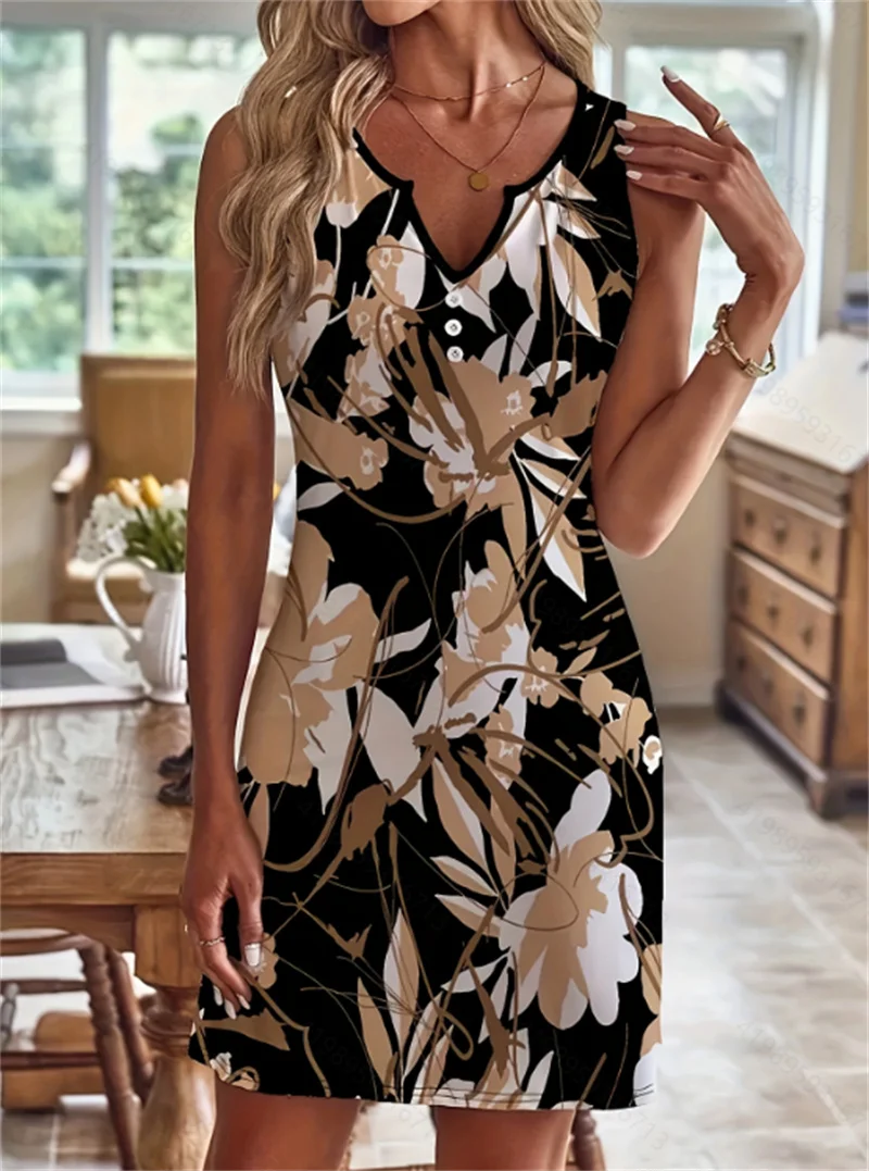Women's Black Floral Print Mini Dress Sleeveless V Neck Button Detail Fashion Comfortable Summer Casual Daily Vacation Wear