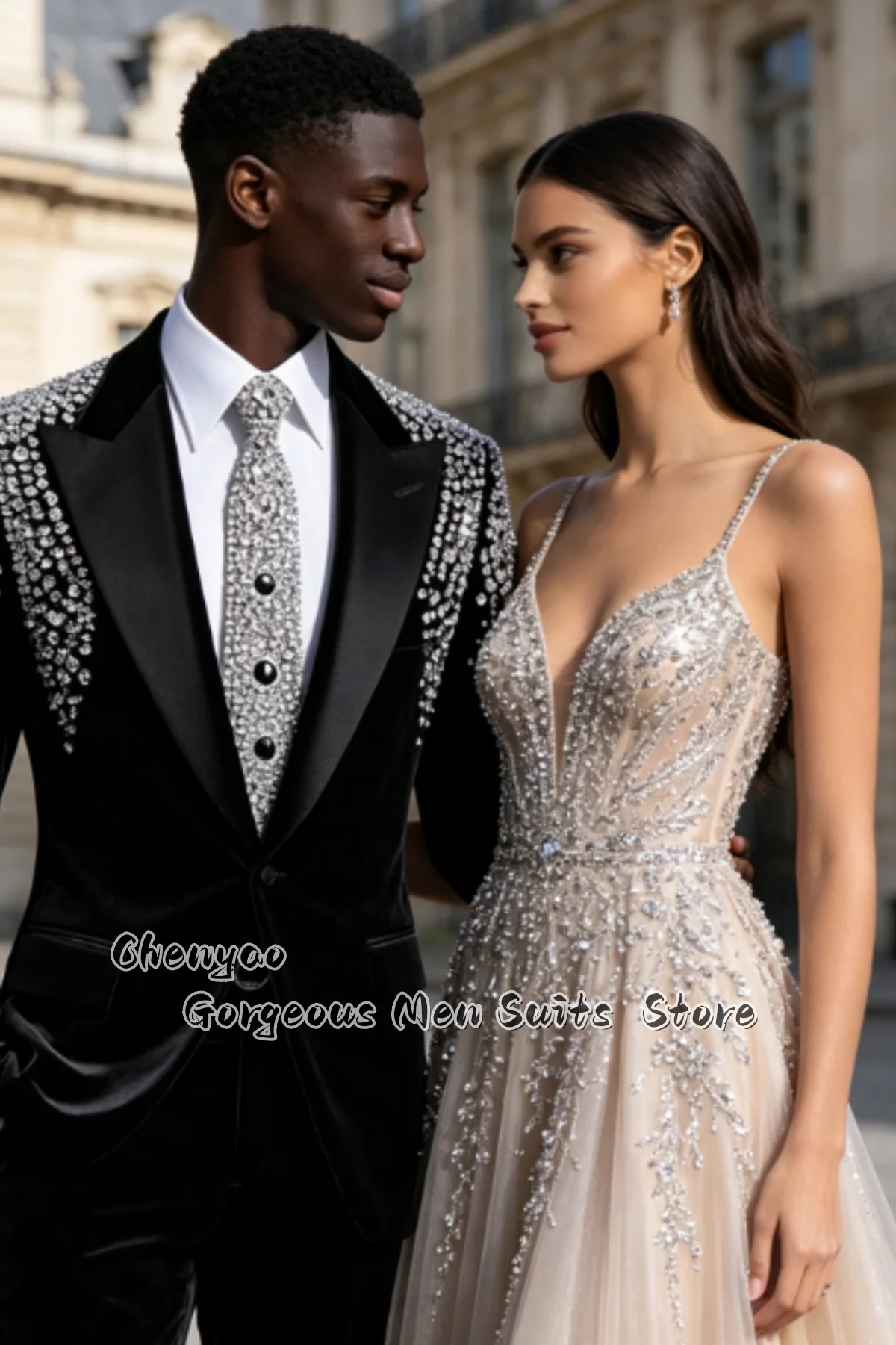 Luxury Velvet Shoulder Rhinestone Men Suits Customized Slim Groom Tuxedos Event Party Male Prom Blazers 2 Piceces Costume Homme