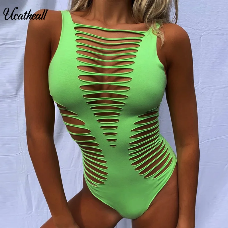 Womens Stripe Cut Bodysuit 패션 민소매 네온 짧은 점프 슈트 의상 Femme Hollow Out 나이트 클럽 Summer Bodysuit