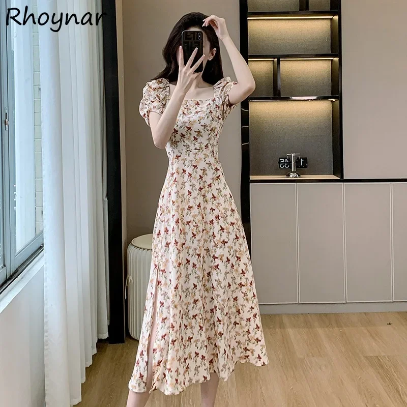 

French Style Retro Floral Dresses Women Puff Sleeve Side-slit High Waist Elegant Temperament Streetwear Casual Daily Prevalent