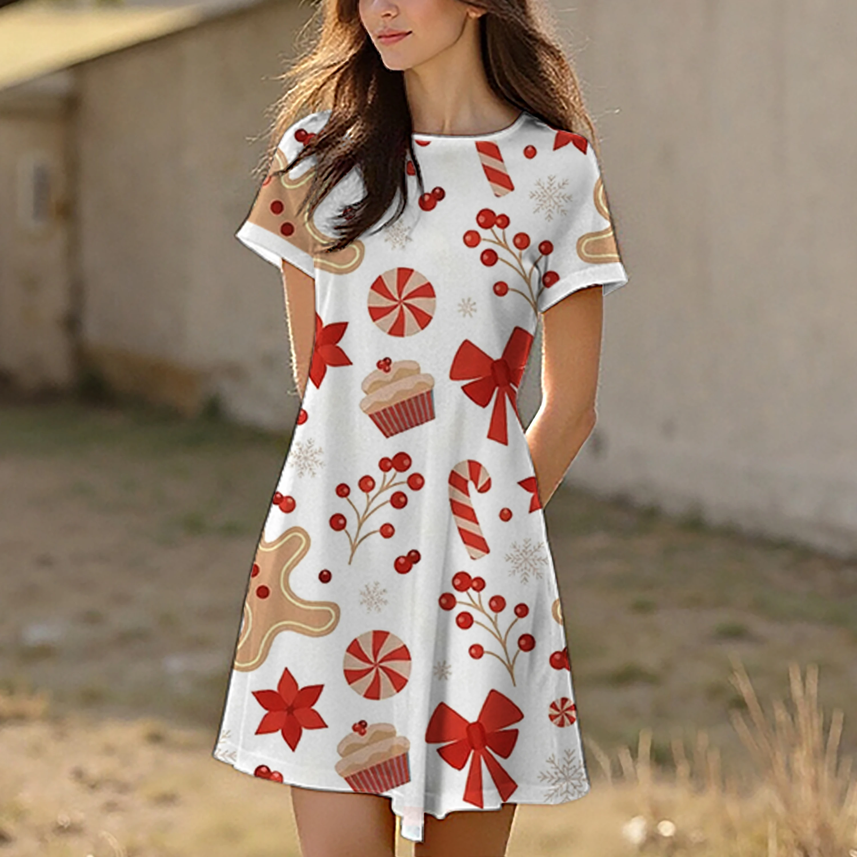 فستان نسائي صيفي لعيد الميلاد برقبة دائرية وأكمام محيطة، كاجوال، مريح وأنيق بنمط عيد الميلاد