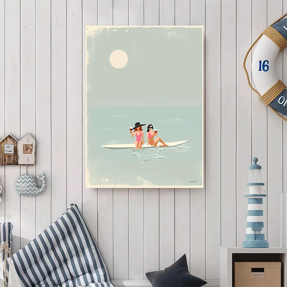 1PC-Canvas poster Unframed  Summer Vibes Beach Girls Paddle Boarding Ocean Sunset Art Print  summer