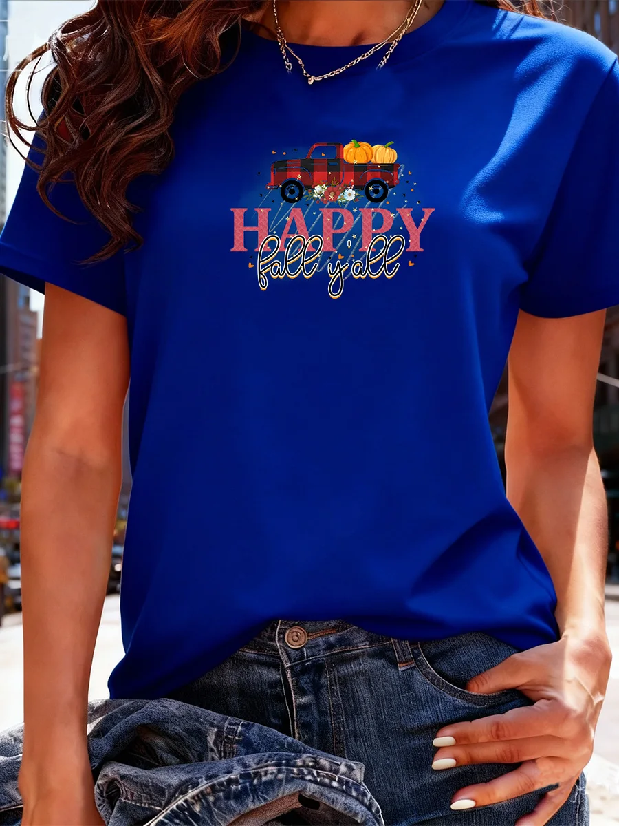 تي شيرت أسود قصير الأكمام "Happy Fall Y'all" برسومات شاحنة اليقطين لملابس الخريف النسائية غير الرسمية #6