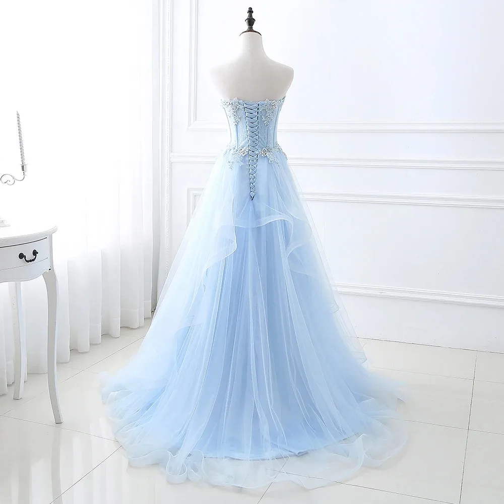 Light Blue Prom Dresses Long Sexy Sweetheart A-Line Tulle Lace Applique Beaded Crystal Women Formal Party Gown