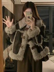 Women Retro Motorcycle PU Splicing Plush Cotton Coat Korean Winter New Style Warm Lamb Fleece Thick Short Cotton Jacket