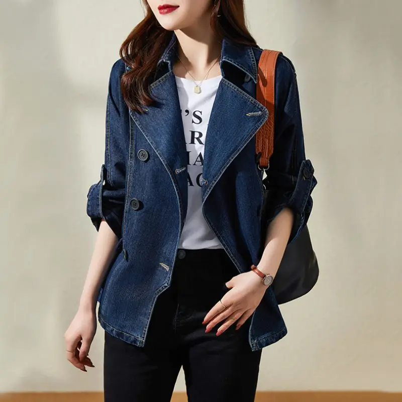 Vintage Jean Jacket Autumn Winter Double Breasted Blue Cloak Denim Outerwear Female Casual Lace Waist Coat Tops