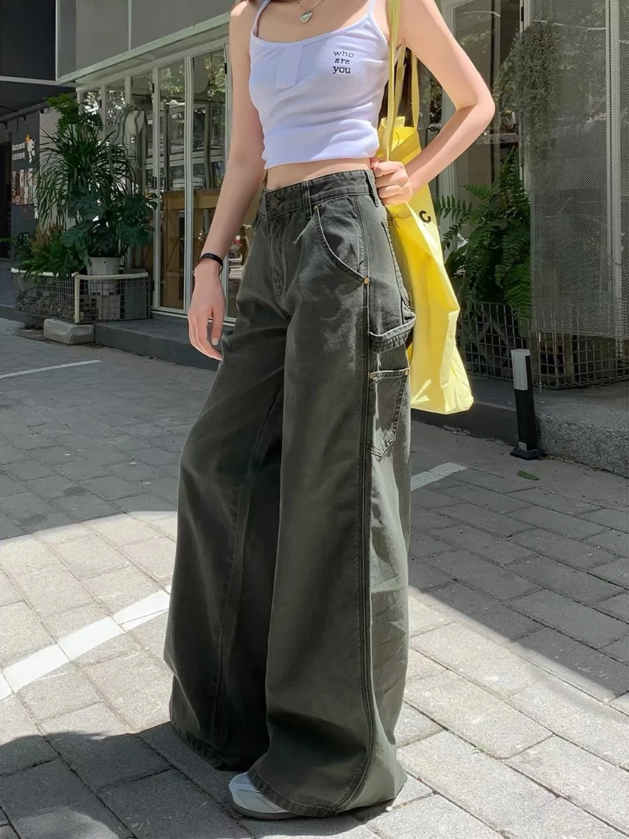

Loose Military Green Work Pants Straight Leg Wide Leg Floor Length Pear Shape Body Large Size Summer New Style Casual Jeans