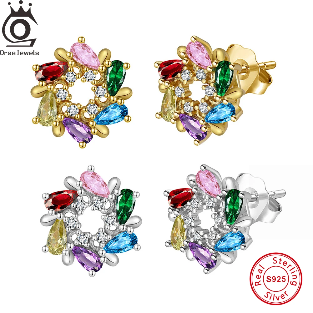 

ORSA JEWELS 925 Sterling Silver 5A Sparkling Zircon Flower Stud Earrings For Women Luxury Party Earring New Design Gift EQE121