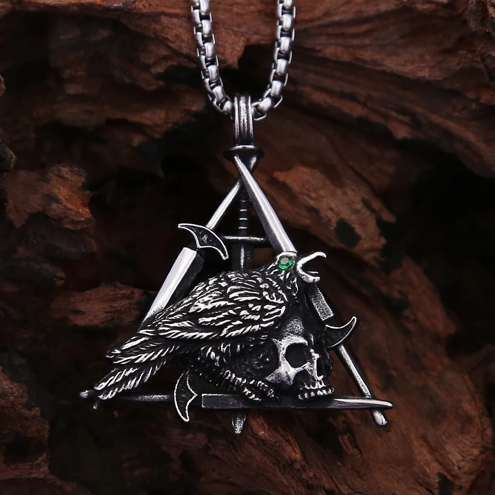 

Fashion Vintage Raven Viking Pendant Stainless Steel Nordic Amulet Necklace For Men Unique Skull Jewelry Gifts Dropshipping