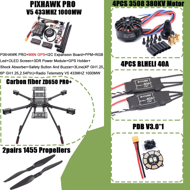 RCtoSky ZD650 PRO+ 650mm Ardupilot Pixhawk カーボンファイバー クアッドコプターフレーム FPV クアッド カーボンファイバー ランディングスキッド モーター 40A ESC付き