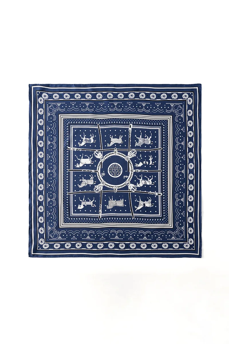 

Horse Blue Mulberry Silk Scarf Luxury Brand Square Bandanas Hand Rolled Edges Shawls Head Bag Neck Accessories Christmas Gift