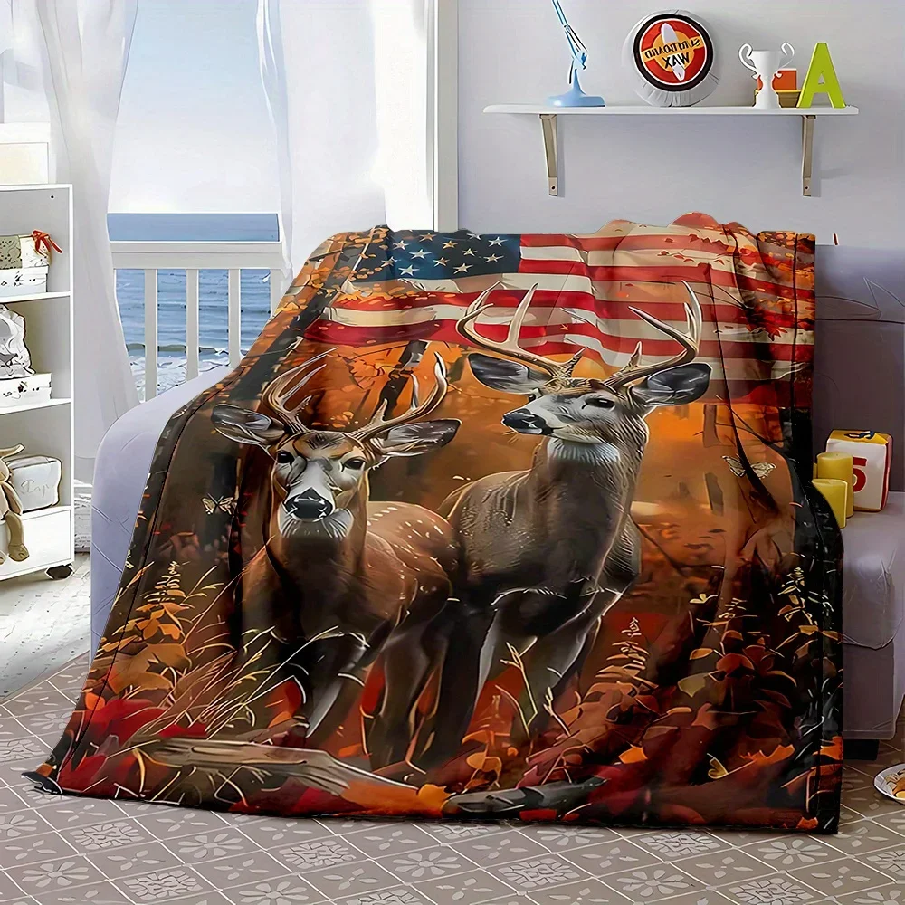Rustic Deer and American Flag Throw Blanket Cozy Fall Woodland Hunting Decor Gift for Home