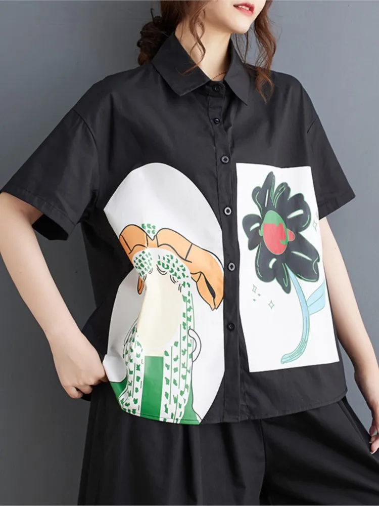 Oversized Summer Flower Graffiti Print Patchwork Shirts Tops Women Short Sleeve Fashion Ladies Cropped Blouses Loose Woman Shirt