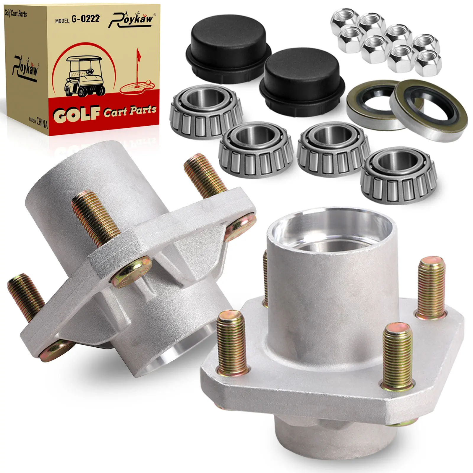 Roykaw Golf Cart Front Wheel Hub Bearing w/Dust Caps & Bearings for Club Car DS, OEM # 102357701,1011892,1011889