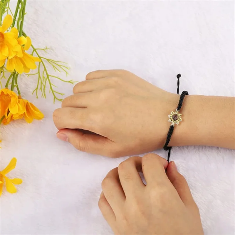 Gepersonaliseerde Zonnebloem Armbanden Met Foto Aangepaste Foto Armband Projectie Foto Armbanden Gevlochten Touw Foto Armband