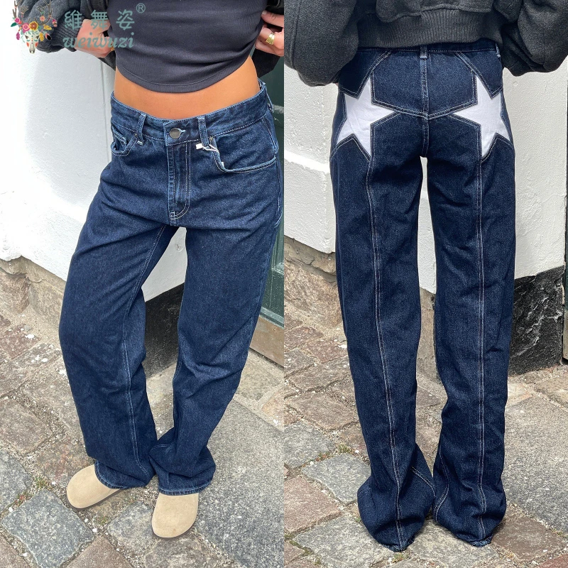 Dżinsy damskie z wzorem gwiazd, luźne spodnie dżinsowe, jesień-zima, codzienne, seksowne, z niskim stanem, szerokie nogawki, styl Y2k, streetwear dla dziewczyn.