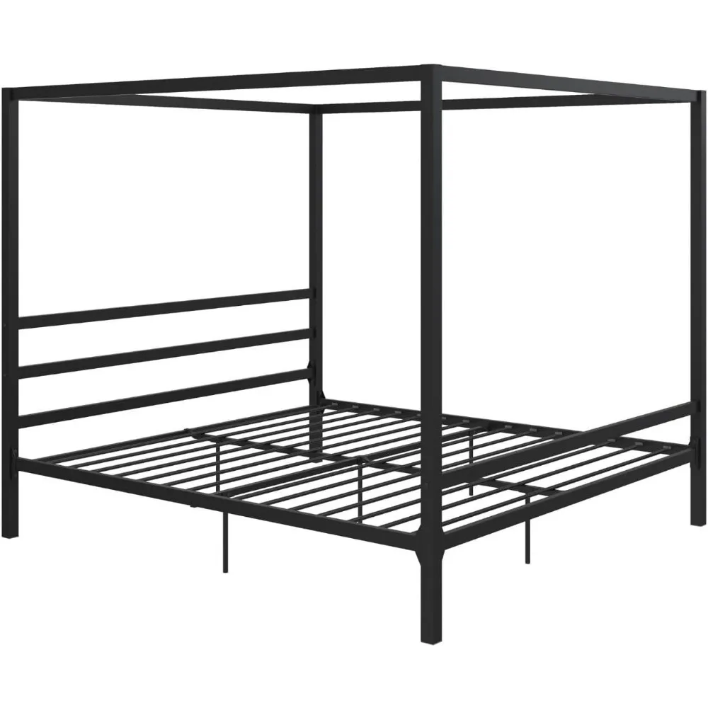 

Modern Metal Canopy Platform Bed with Minimalist Headboard and Four Poster Design, Underbed Storage Space, No Box Spring