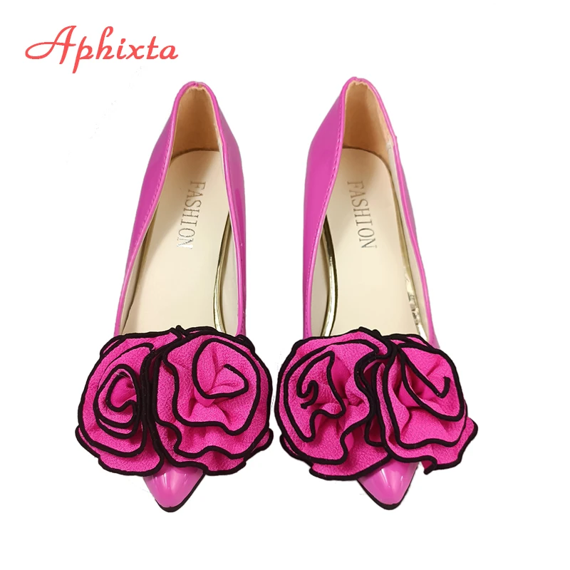 Aphixta 2022 Hot Sale Big Rose Flowers 7cm Chunky Heels Pumps Women Shoes Pointed Toe Appliques Pumps Super Big Size 30-50