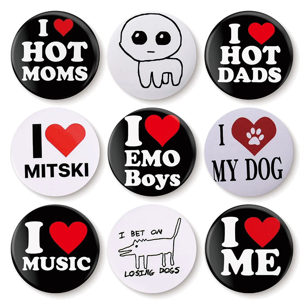 30 Types Tinplate Pins I Love Me EMO Boys Music Cartoon Soft Button Brooch Funny Cute Lapel Badges Backpack Jewelry Gifts Custom