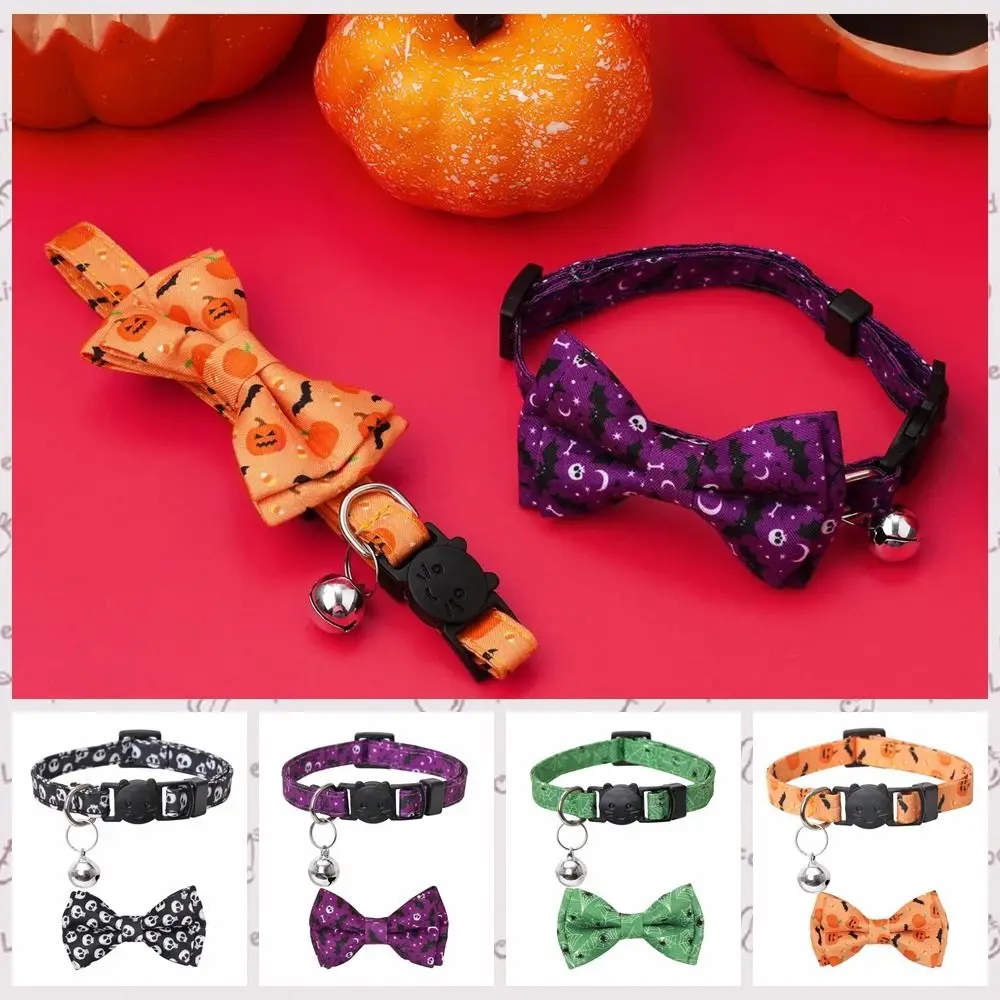 

With Bell Halloween Cat Collar Adjustable Bowknot Pumpkin Puppy Necklace with Bell Bats/Pumpkin/Skeleton Head/Spider