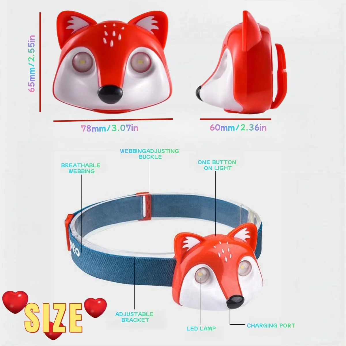 Rechargeable Cute Cartoon Led Headlamp Adjustable Head Torch Lamp For Hiking Childrens Waterproof Running Light Portable Camping