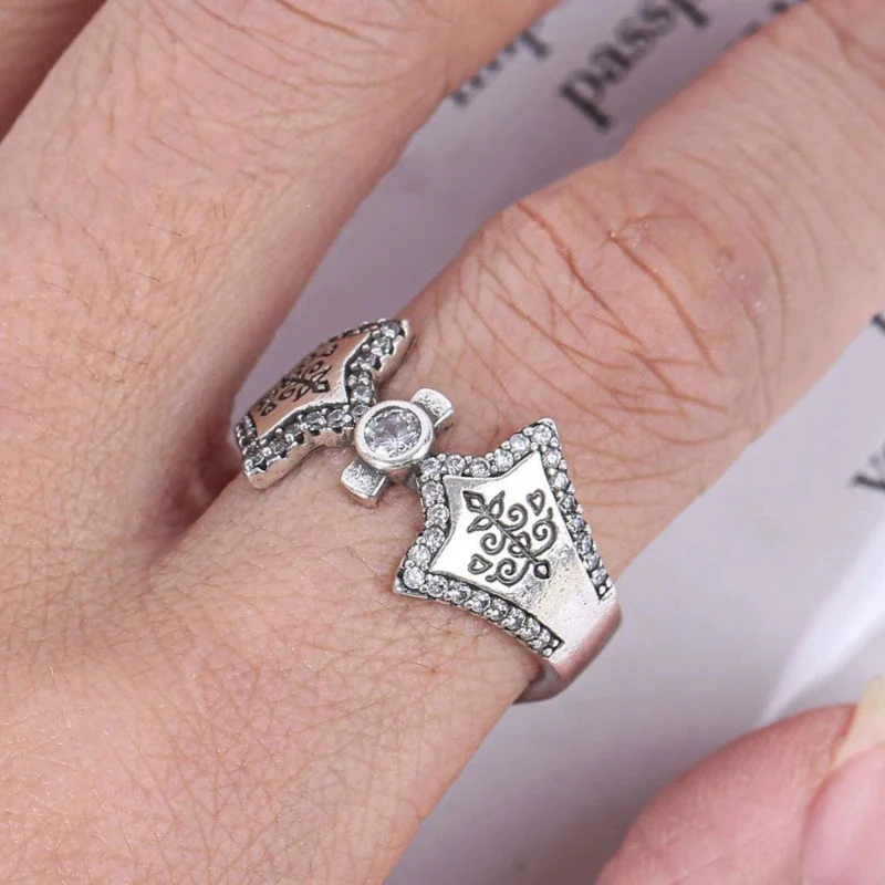 European & American Retro Alien Bow Zircon Ring Unique Open Size Engagement Rings Thai Silver Jewelry KOFSAC