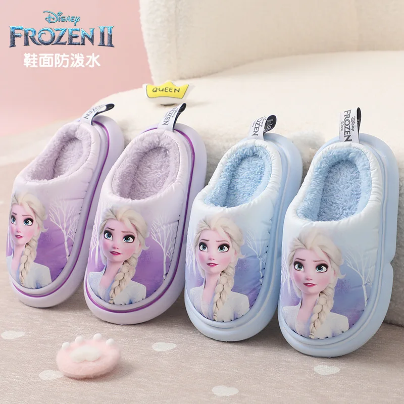 Disney Frozen Girls Cotton Slippers Soft Elsa Winter Warmer Indoor Warmth Preservation Non Slip Bedroom Children's Plush Shoes