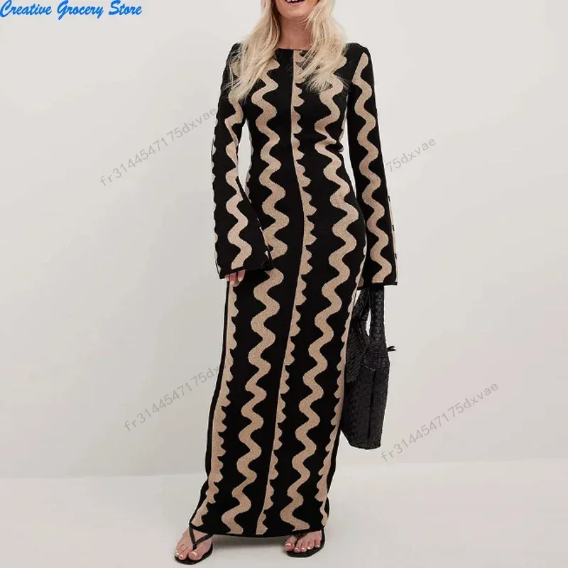 Women Fashion Striped Print Long Party Dress Spring O-neck Tight Bodycon Hips Dress Autumn Long SLeeve Office Lady Maxi Dresses