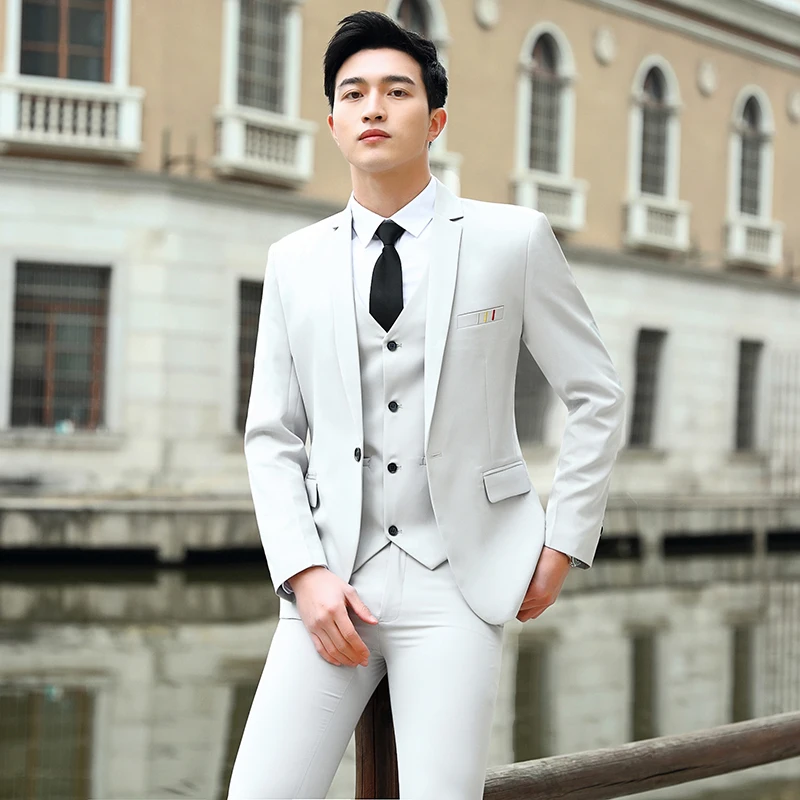 

Мужской комплект-тройка Slim Fit: футболка, брюки и жилет. Повседневный наряд для гостей на свадьбу, модный деловой кэжуал, однотонный, с длинным рукавом, из смесового полиэстера.