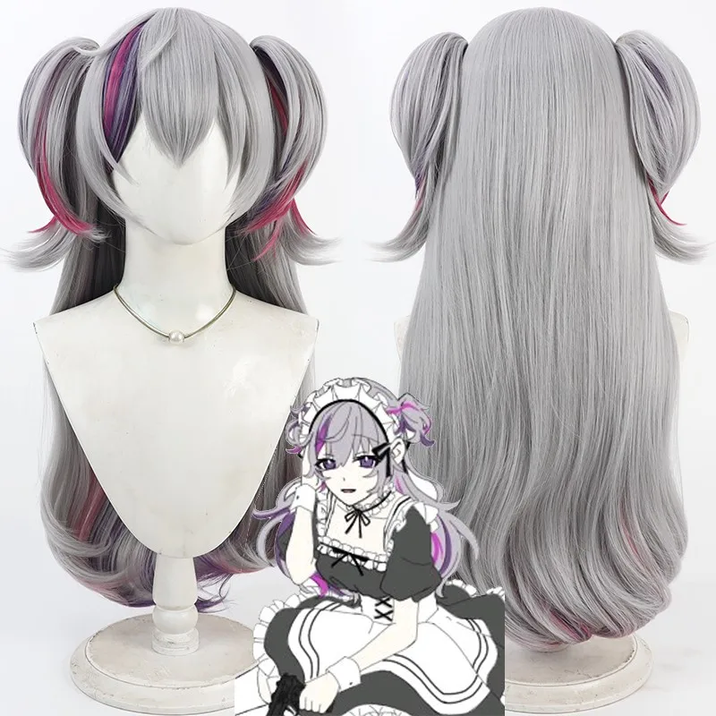 Virtual YouTuber Sexual Transition Fuwa Minato Cosplay Wig 80cm Long Gray Mixed Ponytail Heat Resistant Synthetic Hair