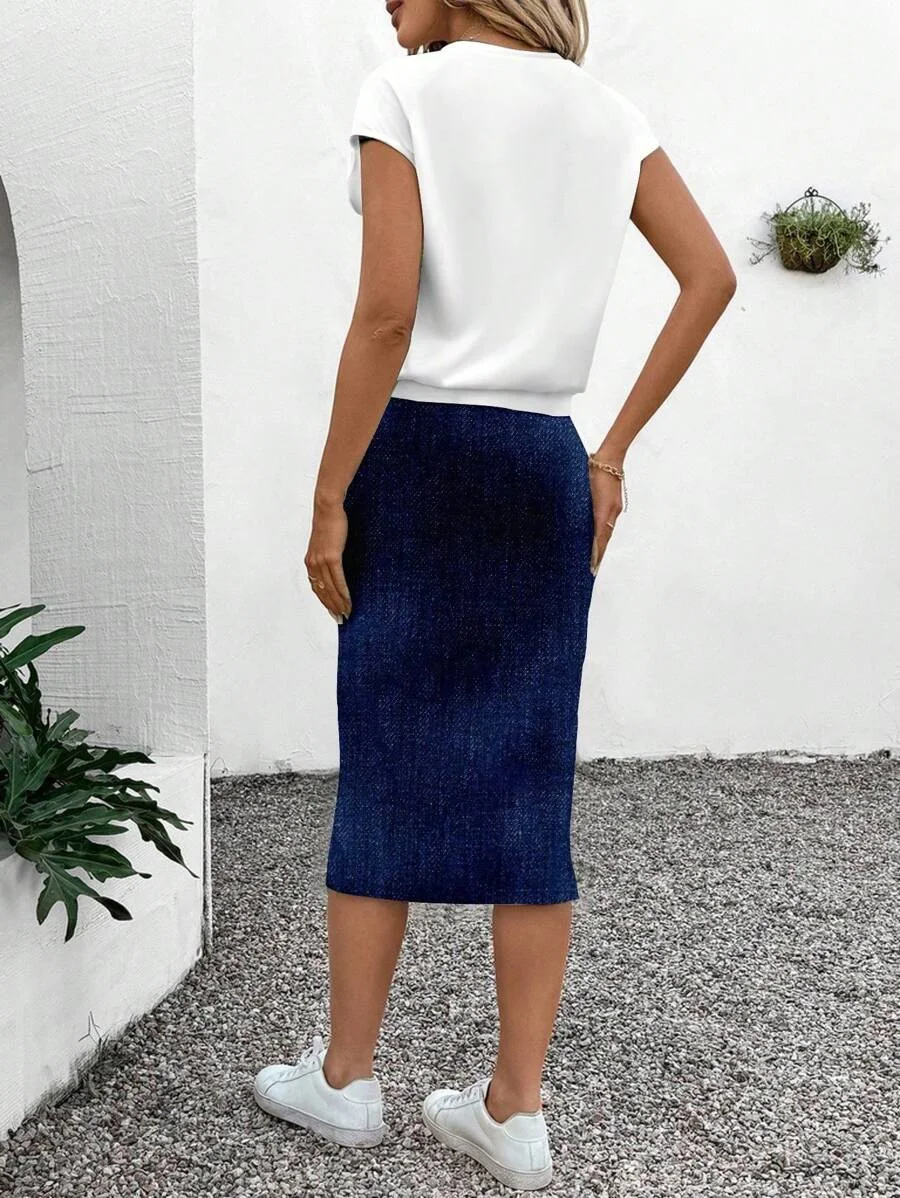 Women's Spring and Summer Love-Print T-Shirt + Faux Denim Skirt Set, Suitable for Daily Wear and Vacation Outfits