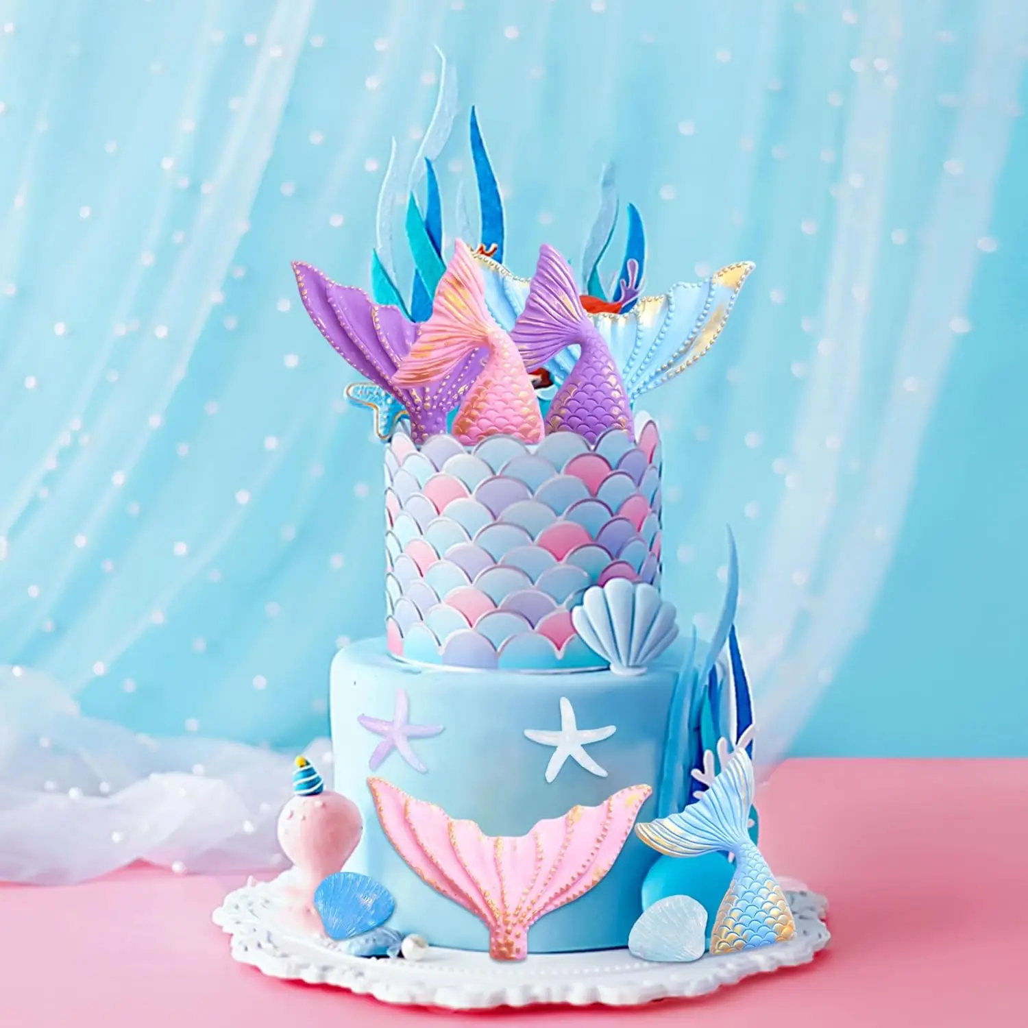 Meerjungfrauenschwanz-Kuchenaufsätze unter dem Meer, Kuchendekoration, Muschel, Seestern, Kuchenaufsatz für Geburtstag, Babyparty, Hochzeitstorte, Deko – Detail 2