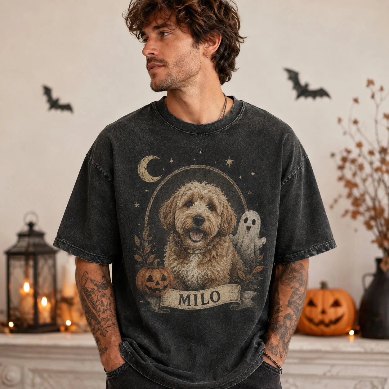 Personalized Pet Halloween Shirt Custom Dog Cat Photo Name Vintage Washed T Shirt Unisex Halloween Party Pet Lover Gift Tee