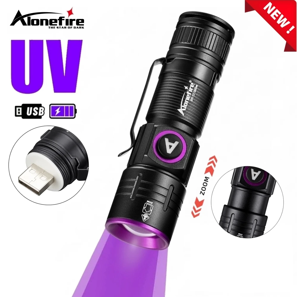 

395/365nm Zoom UV Flashlight USB Rechargeable Ultraviolet Light Ore Money Pet Urine Tinea Ore Ink Dryer Fluorescer Detector Lamp