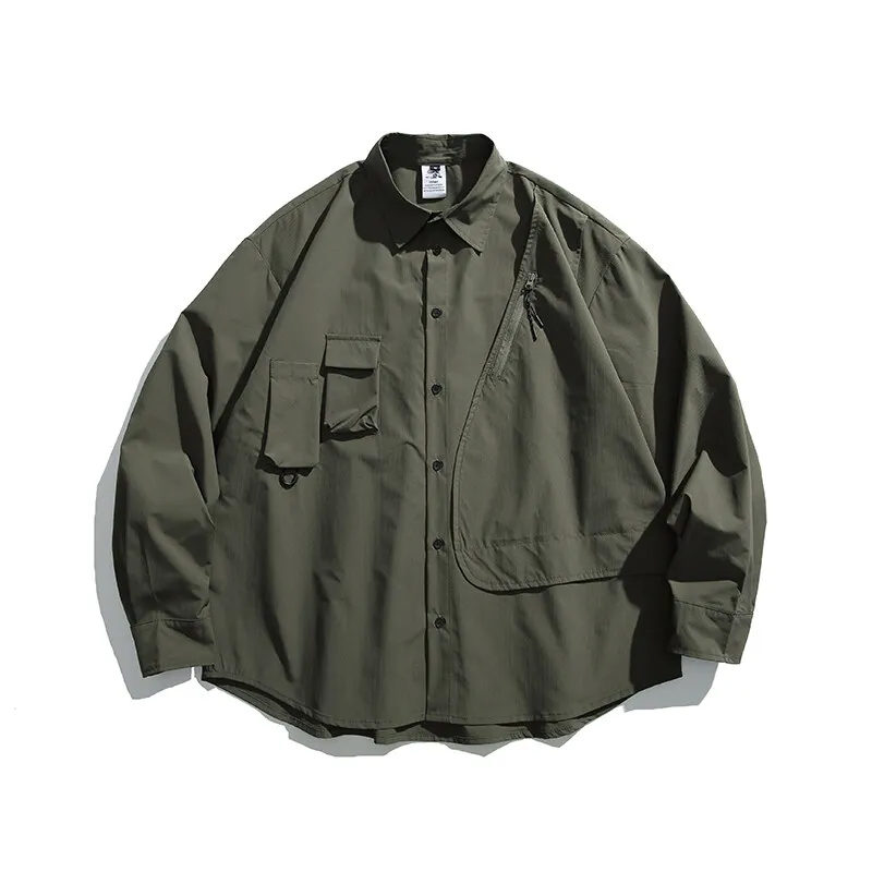 Men's Japanese Streetwear Cityboy Oversize Loose Casual Long Sleeve Cargo Shirt Mountain Fashion Outdoor Shirts Blouses