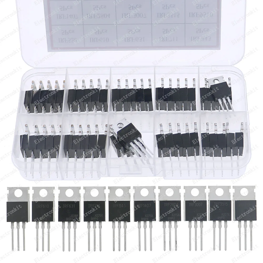 Kit de transistores Mosfet, caja de 10 valores TO-220, IRF520, IRF610, IRF631, IRF711, IRF843, IRF1470, IRF2804, IRF3007, IRF3515, IRF9510, 50 unidades