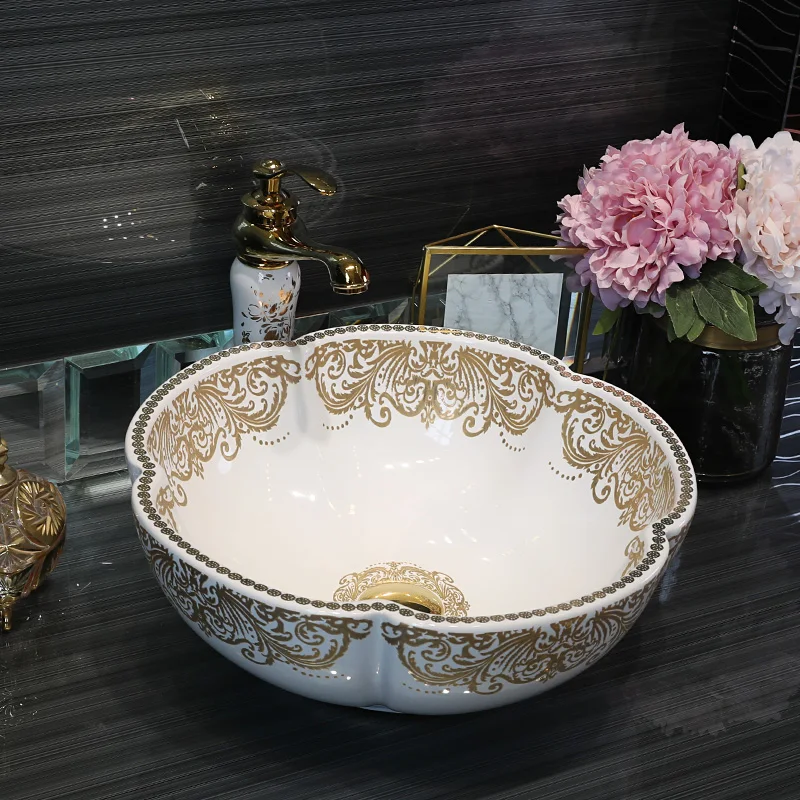 

Europe style chinese washbasin Jingdezhen Art Counter Top ceramic white flower wash hand basin bathroom sinks