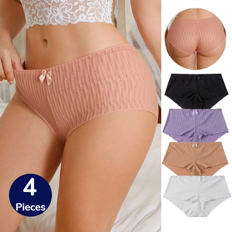 BZEL 4 Stück/Set Damenhöschen, modisches Weizenähren-Muster, sexy Dessous, weiche, süße Schleife, atmungsaktiv, gemütlich, weibliches Sport-Höschen