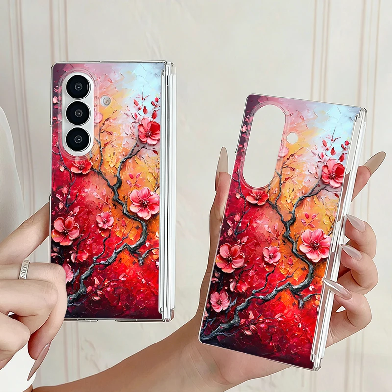 Magnetic Adsorption Phone Case For Samsung Galaxy Z Fold7 Fold6 Fold5 Fold 7 6 5 Peach Blossom Pattern Clear Hard PC Back Cover