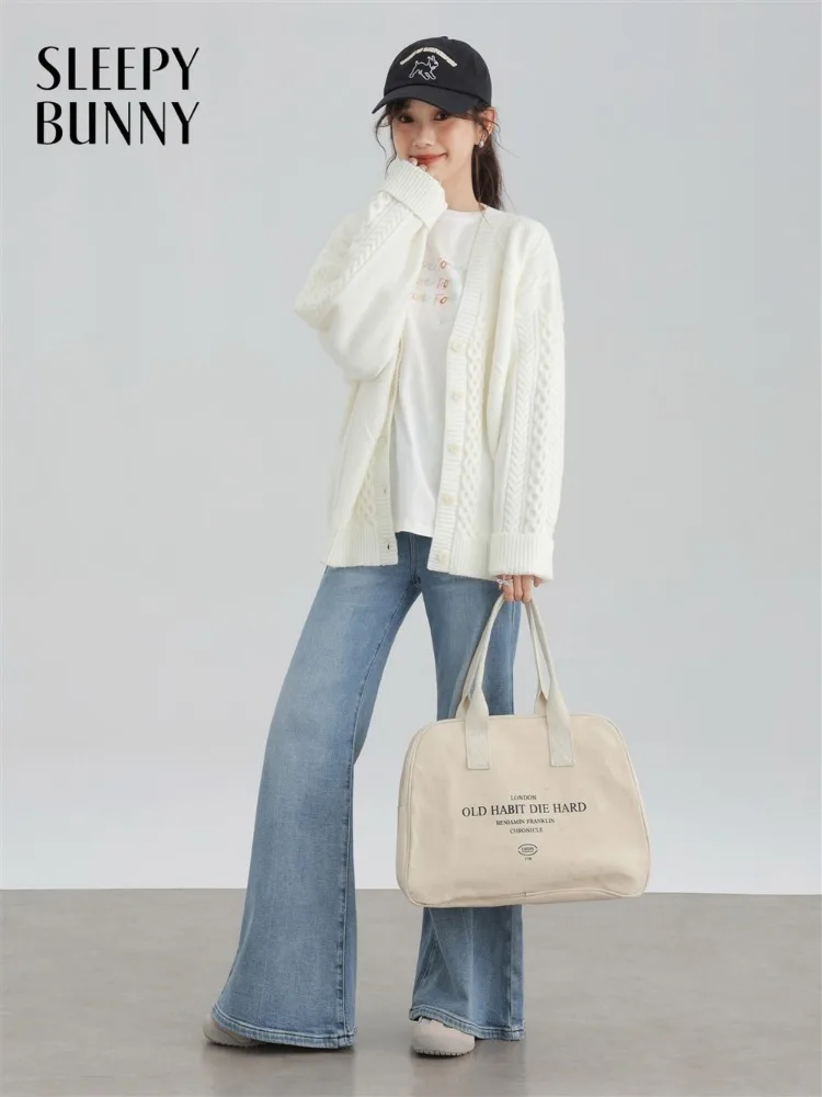 

Soft Knit Cardigan Women Lady Loose V-Neck Sweater Jacket Cable Texture Slimming Casual Fall Spring Outerwear Daily Chic Outfit